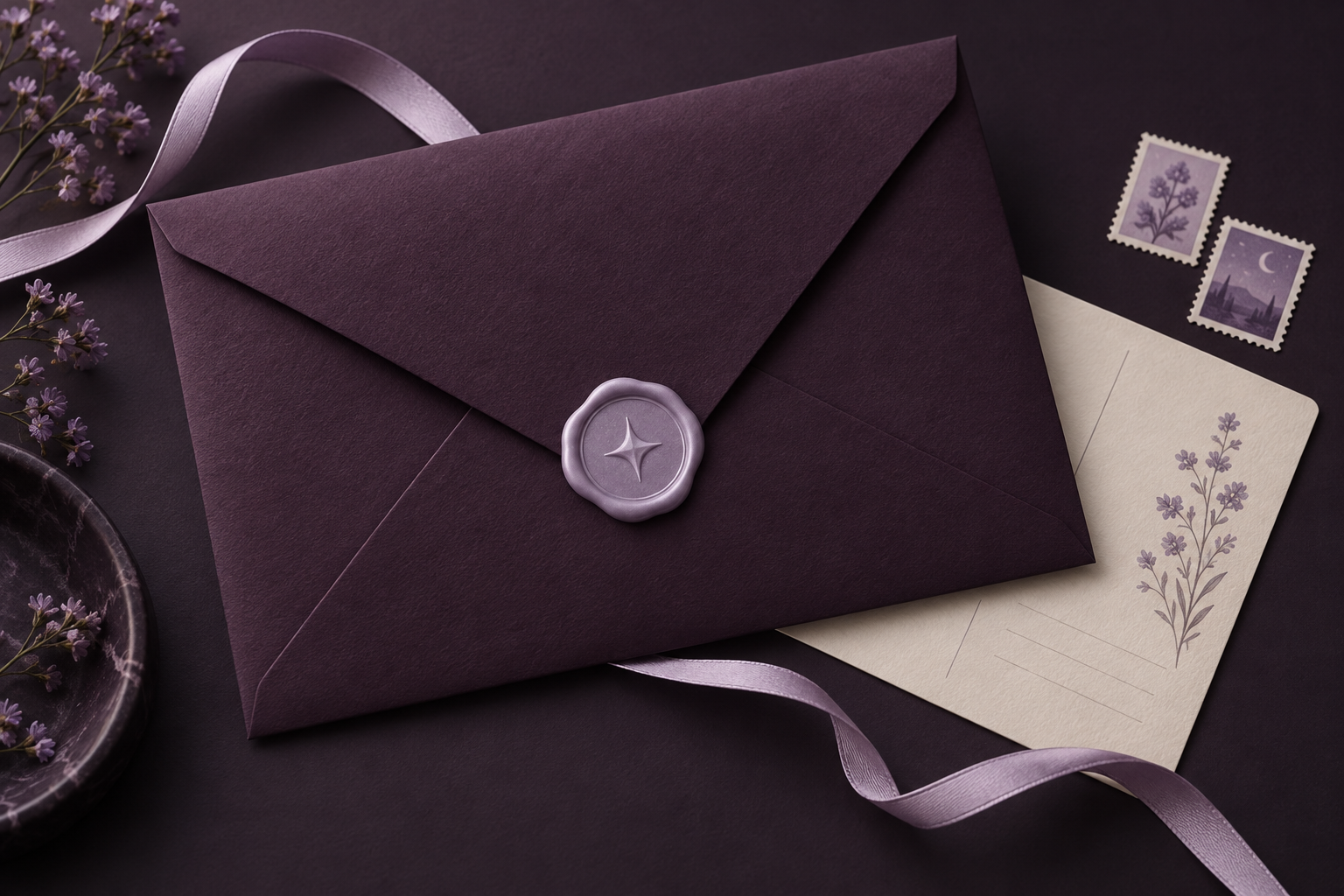 A plum envelope with a lilac wax seal on a correspondence desk